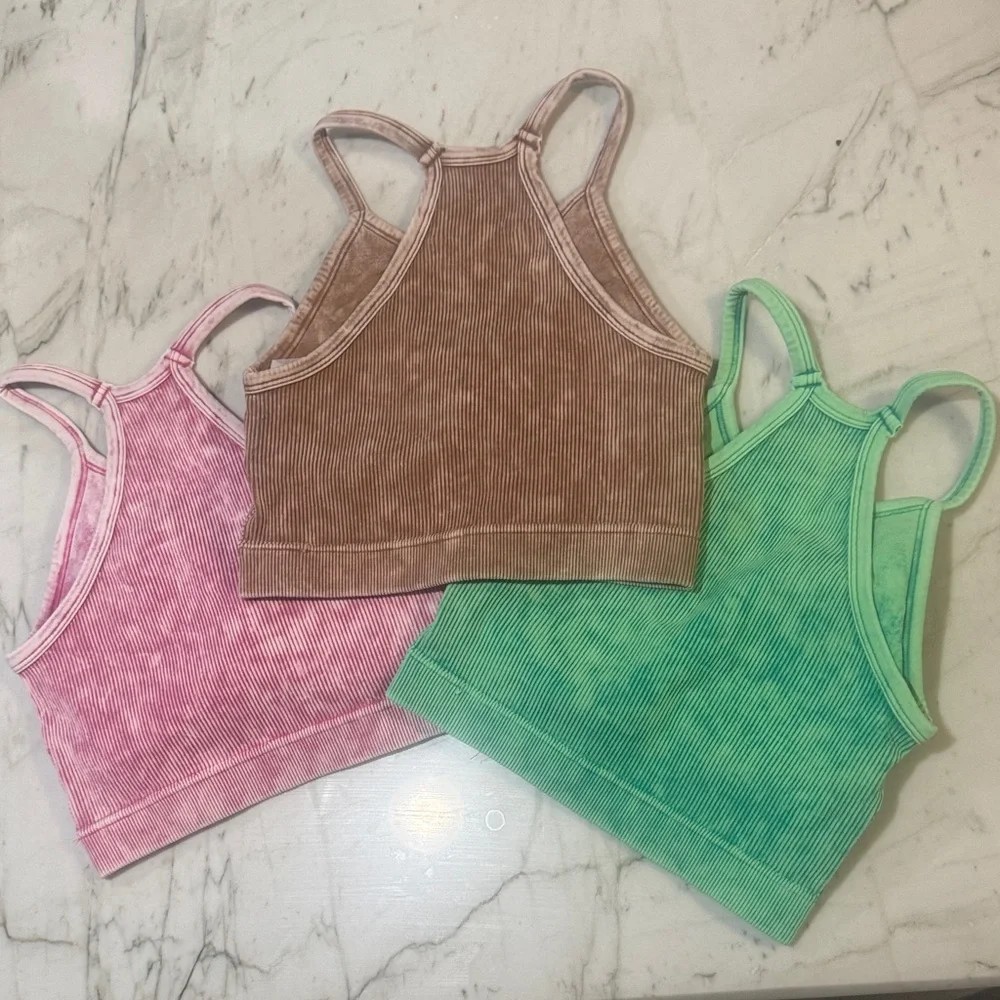 Zenana Outfitters Ribbed Crop Tops in Pink, Brown, and Green size S/M set of 3 - Picture 5 of 15